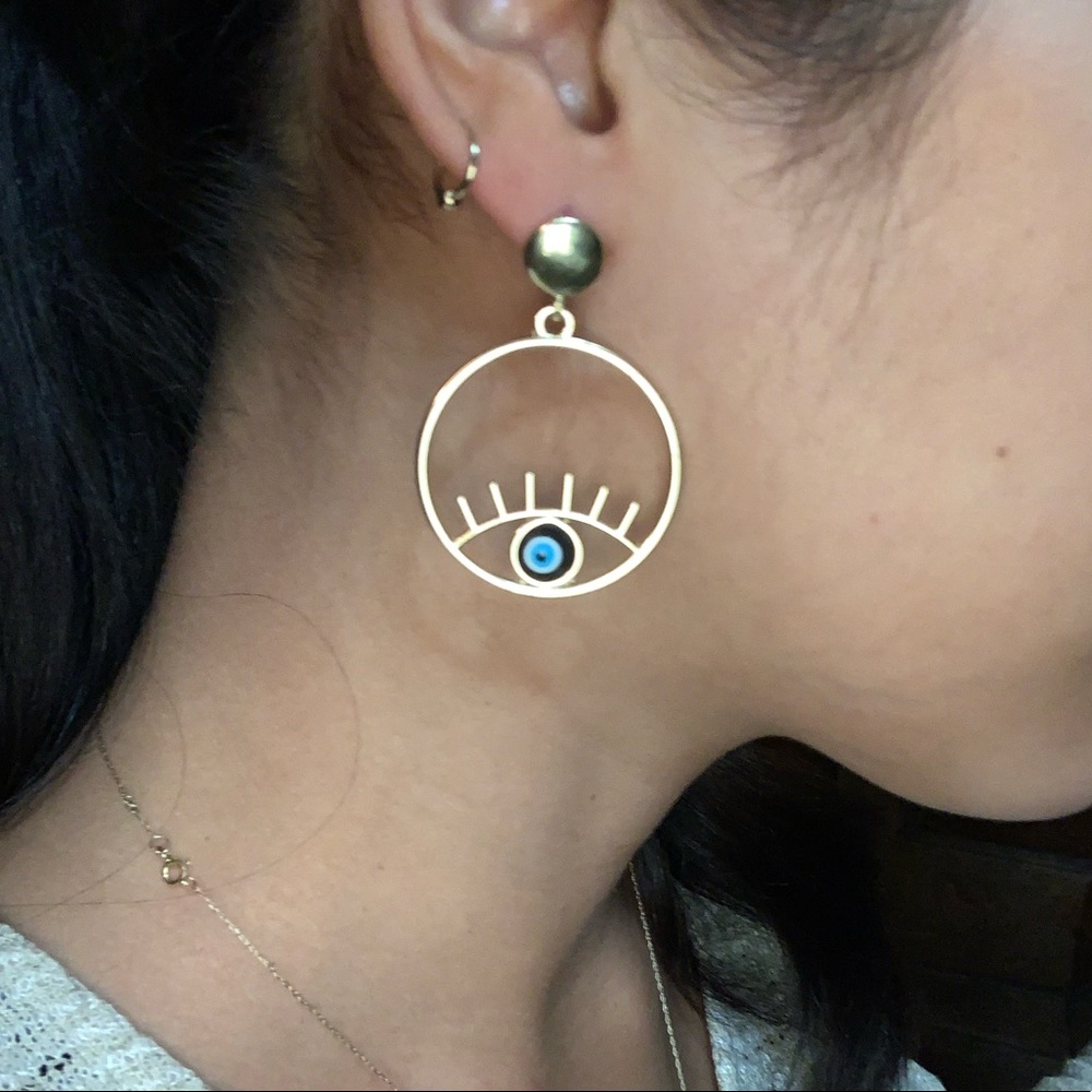 Gold hoop earrings evil eye earrings - Picture 6 of 7